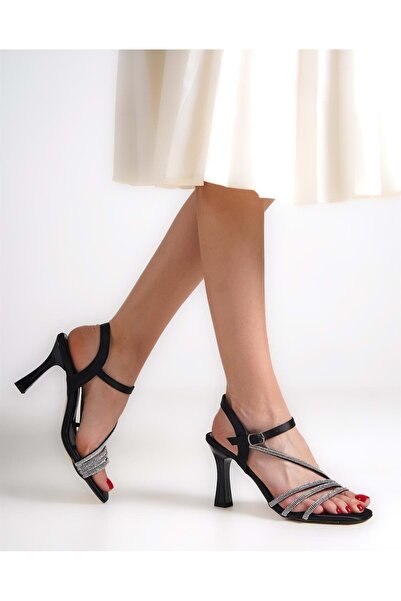 KOCAMANLAR Mehtap Four Stripes Stone 8 cm Pantofi De Seara De Dama Cu Toc NEGRI