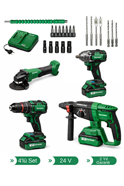 DYRONEX 24V Darbeli Kömürsüz 4'lü Set Kırıcı Delici Hilti-Taşlama-Somun Sıkma...