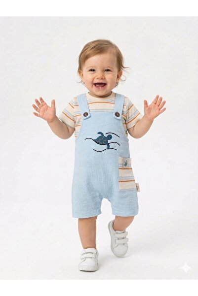 Kids Kingdom Cotton Pcs Turtle Patterned Muslin 2-Pack Baby Boy Jumpsuit Salopet