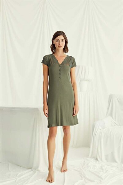 Aria s closet Nightgown with Lace on the Sleeves, Shoulder and Collar, and Bu...