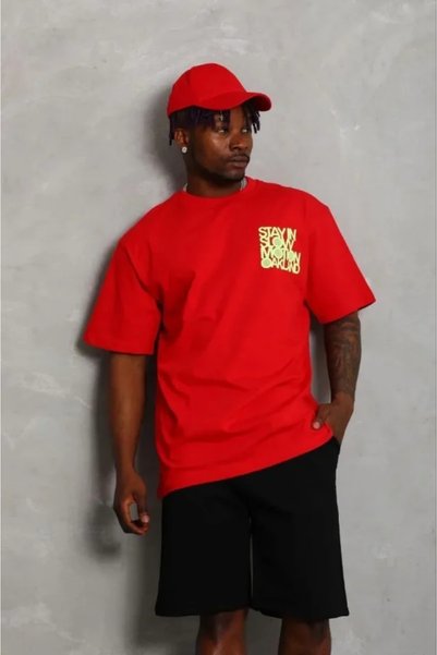pazarella Men's Printed T-Shirt Short Sleeve Crew Neck Regular Fit Comfortable Fit Casual T-Shirt - Red
