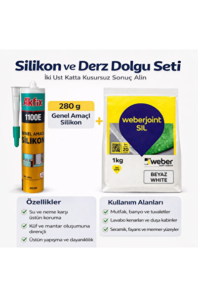 WEBER Akfix 1100E Silikon 280 gr + Silikonlu Derz Dolgu 1 Kg Beyaz Fayans Der...