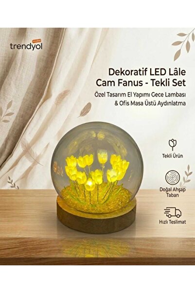 ARYACRAFT Fanus İçinde Lale Bahçesi Tasarımlı Ledli Masa ve Gece Lambası