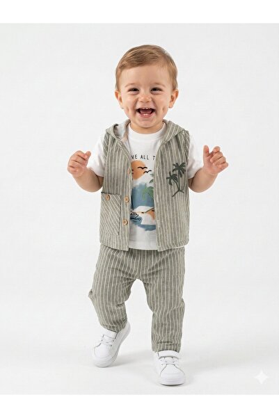 Kids Kingdom Cotton Pcs Striped Palmiye Detailed 3-Piece Baby Boy Set