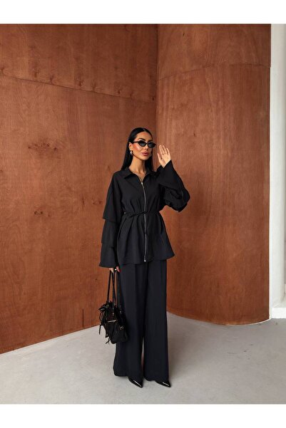 Miss Beyoğlu Women's Sleeves Ruffled Blouse Trousers Set