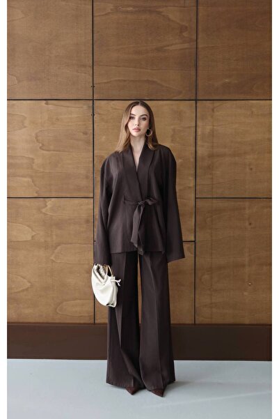 Miss Beyoğlu طقم قميص وبنطلون نسائي بحزام قماش مودال قطعة من القماش