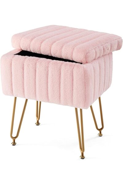 Arabest Storage Ottoman Chair with Faux Fur Cushion, 18.9"H x 16"L x 12.2"W M...