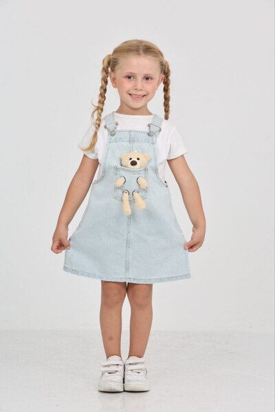 MİNİK DÜŞLER Kız Çocuk Askılı Kot Salopet Elbise Ayıcık Figürlü