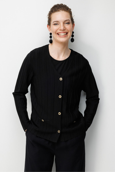 Desen Triko Γυναικείο πλισέ παλτό Araboy με λαιμόκοψη V, λεπτό πλεκτό, μαύρο