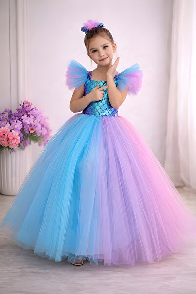 RUMİ KİDS Deniz kızı elbise kostum parti elbisesi mavi