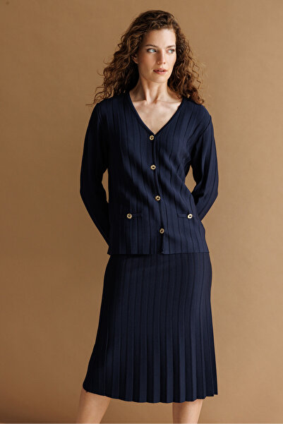 Desen Triko Γυναικείο πλισέ παλτό Araboy με λαιμόκοψη V, λεπτό πλεκτό, σκούρο...