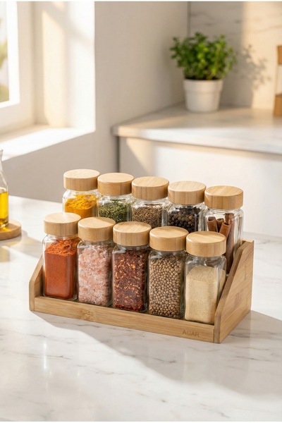 ACAR Malibu 10-Piece Glass Spice Rack Set with Stand
