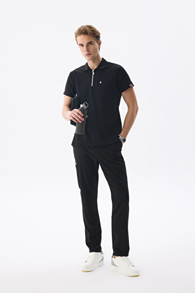 Class Üniforma Men's Polo Neck Medical Uniform Set Black Stretch Fabric Docto...