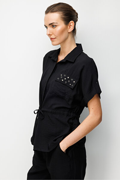 Desen Triko Γυναικείο μπουφάν με Με δέσιμο τσέπες στη μέση και μεταλλικές πέτ...