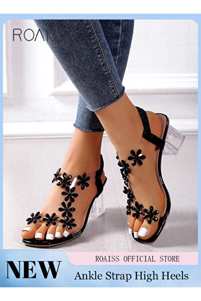 ROAISS Women's Transparent Rhinestone Flower High Heels Women's Square Toe Hi...