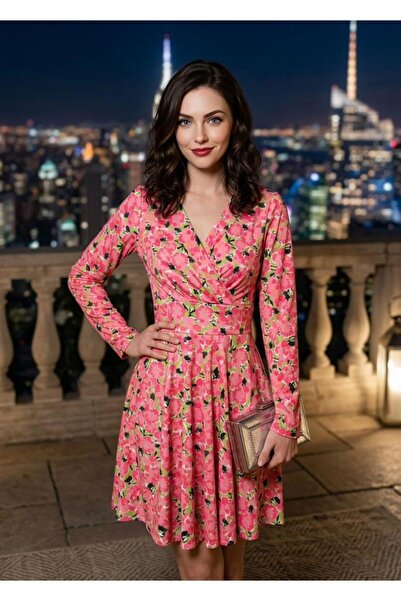 Modafeminen Pink Patterned Double-Breasted Collared Mini Dress 582250