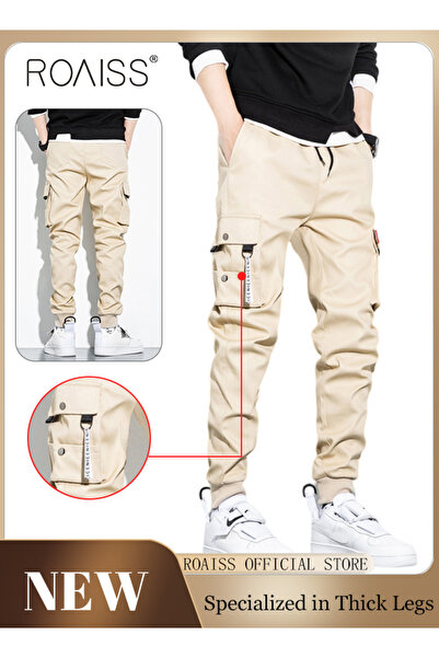 ROAISS Men's Cargo Trendy Pants Casual Jogging Pants Loose Fit Ankle-Tied wit...