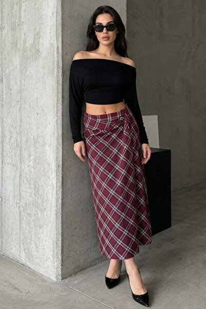 Madmext Burgundy Plaid Patterned Slit Detailed Double-Breasted Midi Women's S...