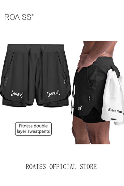 ROAISS Five-Point Sports Shorts Half-Length Gym Shorts Fake Two-Piece Quick D...