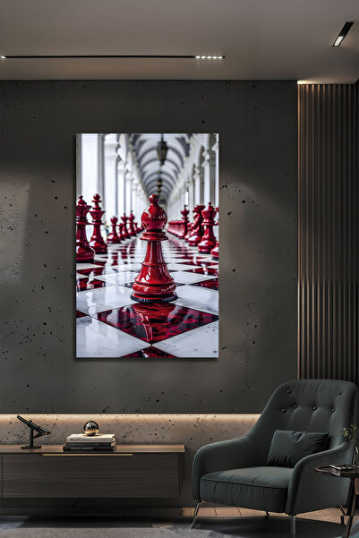 B&G DESIGN Kırmızı Satranç Temalı Modern Cam Tablo Modern Tasarım Şık Duvar A...