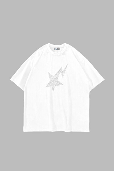 Sekizbiraltı Shining Star Stone Printed Oversize Unisex White Tshirt