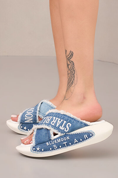 StarBlueMooN Women's Denim Slippers High Sole D Leather Insole