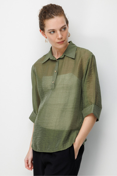 Desen Triko Women's Buttoned Collar Three-Quarter Sleeve Shirt Khaki