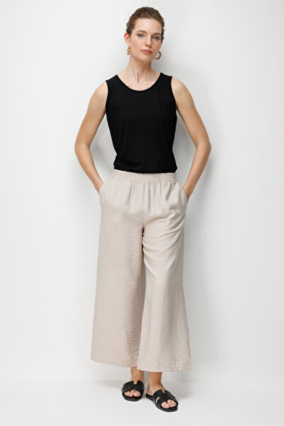 Desen Triko Pantaloni de damă cu buzunar cu talie elastică, bej