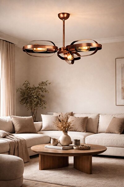 VENON Elvan 3.lü Siyah Bakır Patine Modern Salon Avizesi 3.lü Metal Rustik Avize