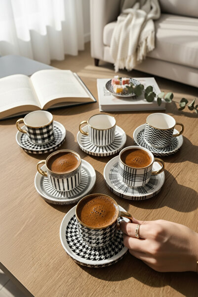 Akayev Gold Detailed Porcelain Black and White Coffee Cup Set for 6 People