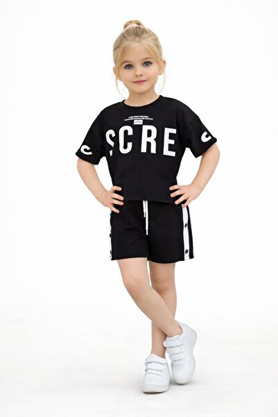 Bambam Girl's Printed Black T-Shirt Shorts Set 72177