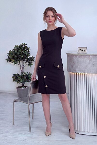 zks grup tekstil Women's Button Detailed Pencil Midi Dress Cobalt , Black, Tan