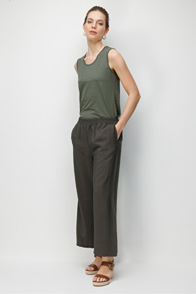 Desen Triko Pantaloni de damă cu talie elastică cu buzunare kaki