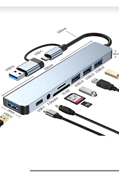 LUX موزع USB 2.0/3.0 بـ 8 منافذ، محول متعدد الوظائف من النوع C، صوت 3.5 Tf Sd