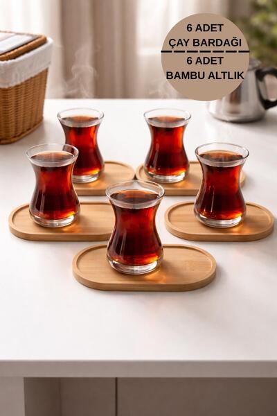 İLİVA 6 Adet Cam İnce Belli Çay Bardağı + 6 Adet Bambu Bardak Altlığı – Çay S...
