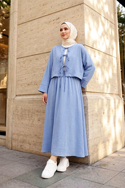 MODAQU Linen Lace-Up Skirt Blouse Top and Bottom Set - Light Blue