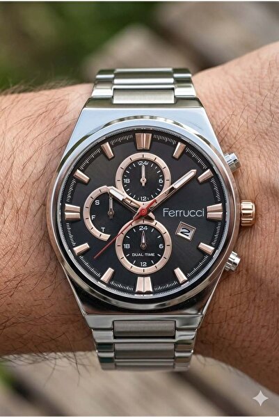 Ferrucci Silver Men's Wristwatch |   42mm Steel Case, Silver Steel Band, Blac...