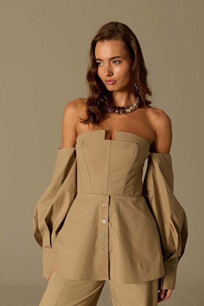 NOK İSTANBUL Dusk Volume 100% Cotton Corset Shirt Top Bronze Brown