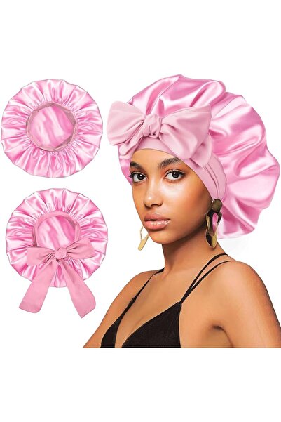 Arabest 2Pcs Women Pink Shower Hair Bonnet– Large Elastic Wide Tie Band Durab...