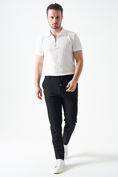 TENA بنطلون رجالي أسود منسوج من الجاكار بخصر نصف مطاطي