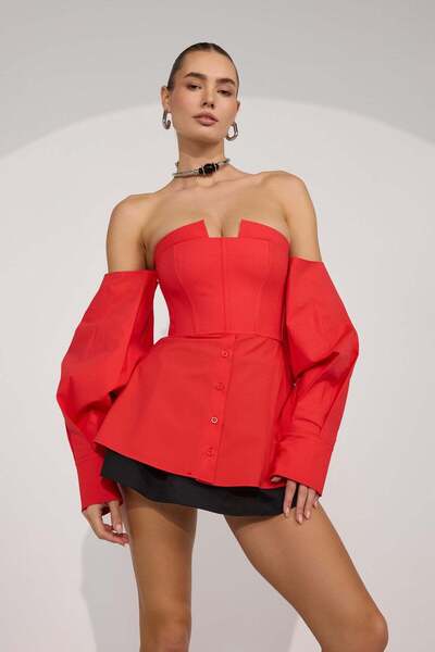 NOK İSTANBUL Dusk Volume 100% Cotton Corset Shirt Top Red