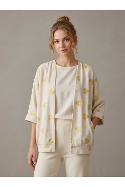 CRYSTALİA Kadın Ekru Sarı Çiçek Desenli Dokulu Kumaş Kısa Kimono Hırka