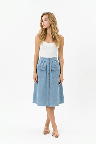 LEVURE Cep Detaylı Önü Düğmeli Kot Etek RİNS YIKAMA