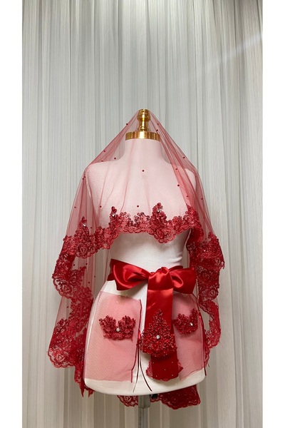 NEHİR AKSESUAR Kırmızı Gelin Duvak Seti, Tel Kırma Pullu Güpürlü Ve İnci Süsl...