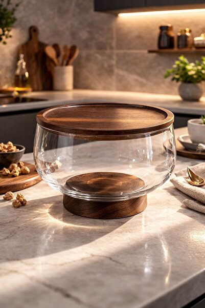 Qerhome Borosilicate Glass Luxury Glass Bowl with Acacia Lid and Acacia Feet ...