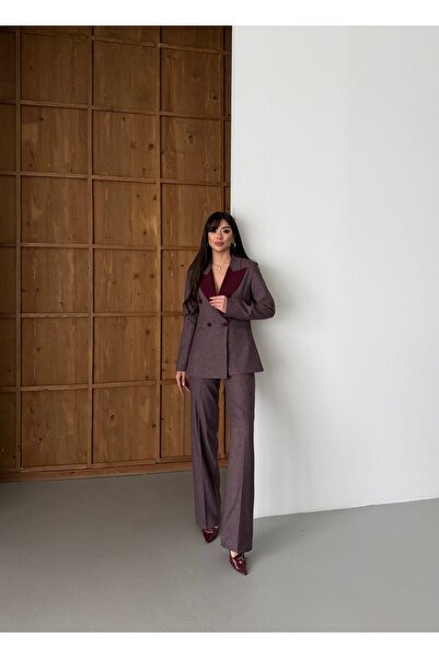 LOVELF Premium Yakası Garnili Pötikare Takım Bordo