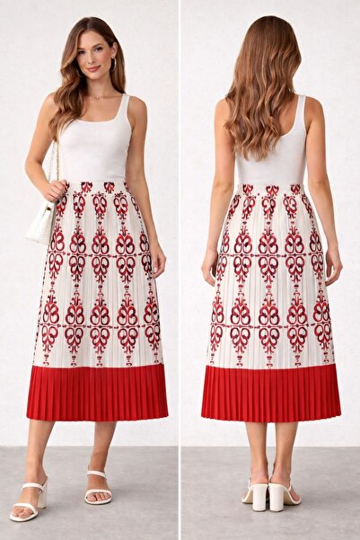 umut tekstil imalat Patterned Pleated Long Skirt, Pleated Skirt
