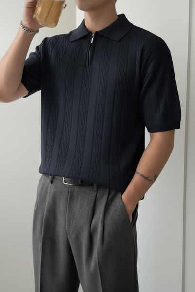 ModaYaren Men's Half Zipper Polo Collar Vertical Patterned Knitwear Comfortab...