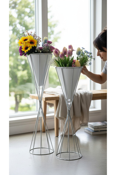 Decodelight Krom Beyaz Metal Dekoratif Modern Salon Bahçe Teras Uyumlu 2'li T...