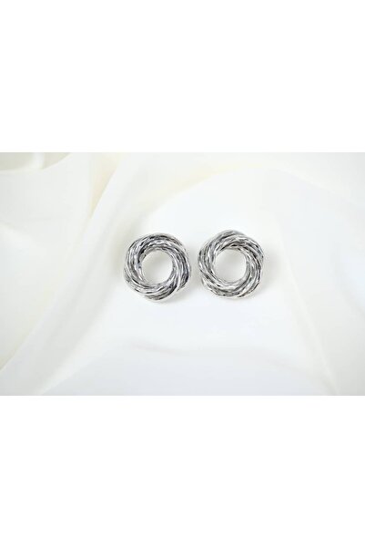 ATELİER TUĞBA Kp357 Silver Color D Textured Round Earrings (Thickness 1 Cm, I...